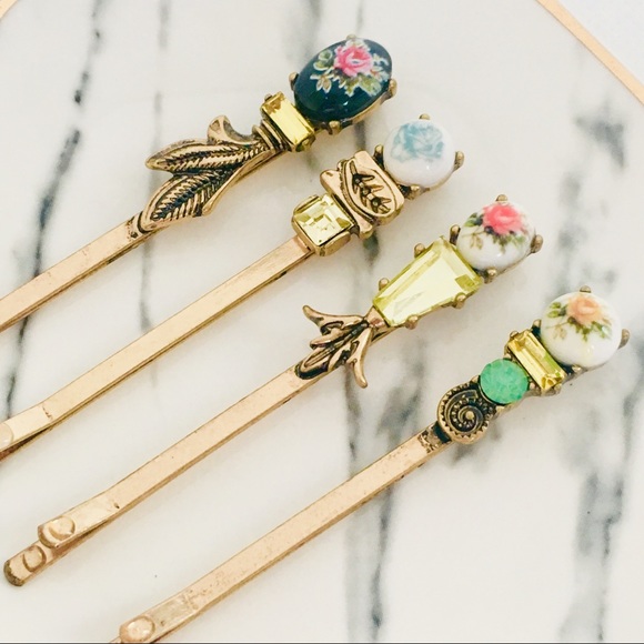 Retro Vintage Floral Crystal Hair Barrettes Set 4 - Picture 2 of 8